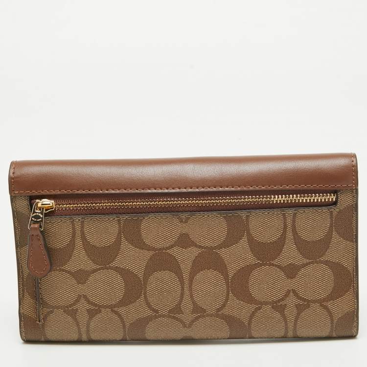 Pre Owned Coach Brown/Beige Signature Coated Canvas and Leather Trifold Long Wallet