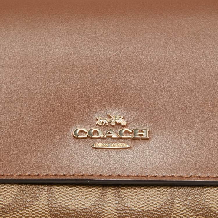 Pre Owned Coach Brown/Beige Signature Coated Canvas and Leather Trifold Long Wallet