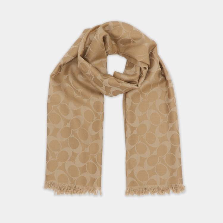 Pre Owned Coach Beige Signature Print Wool Blend Scarf 