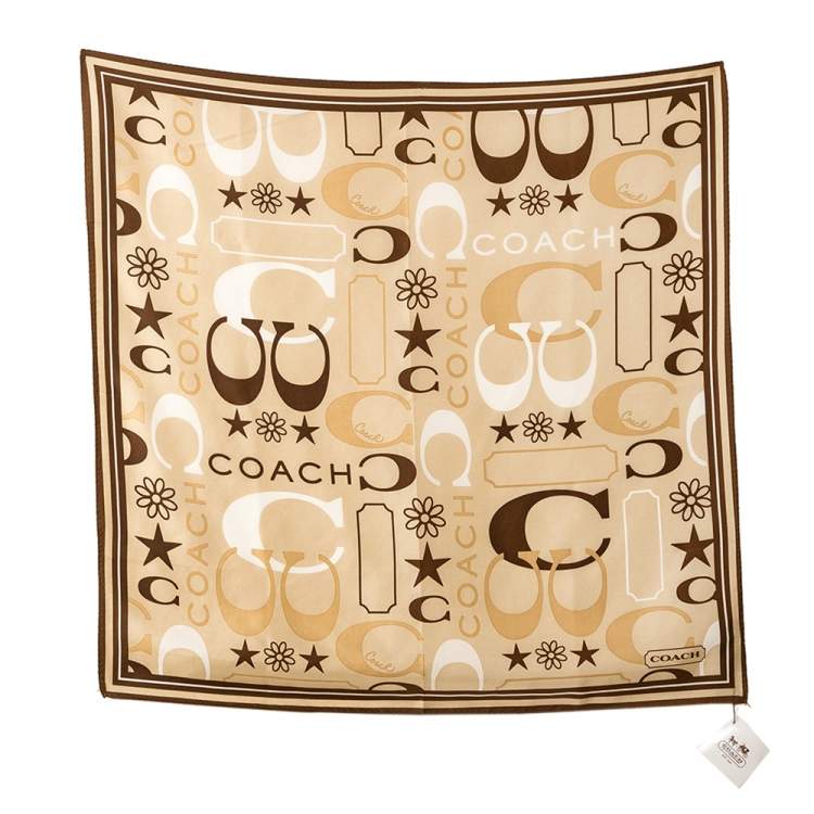 Pre Owned Coach Beige Monogram Print Silk Bandana Scarf