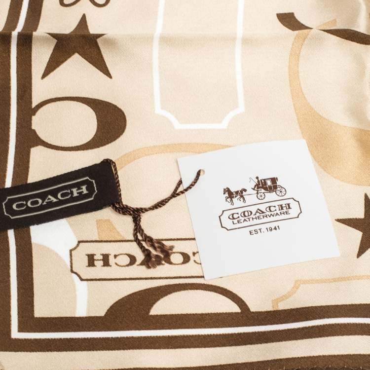 Pre Owned Coach Beige Monogram Print Silk Bandana Scarf