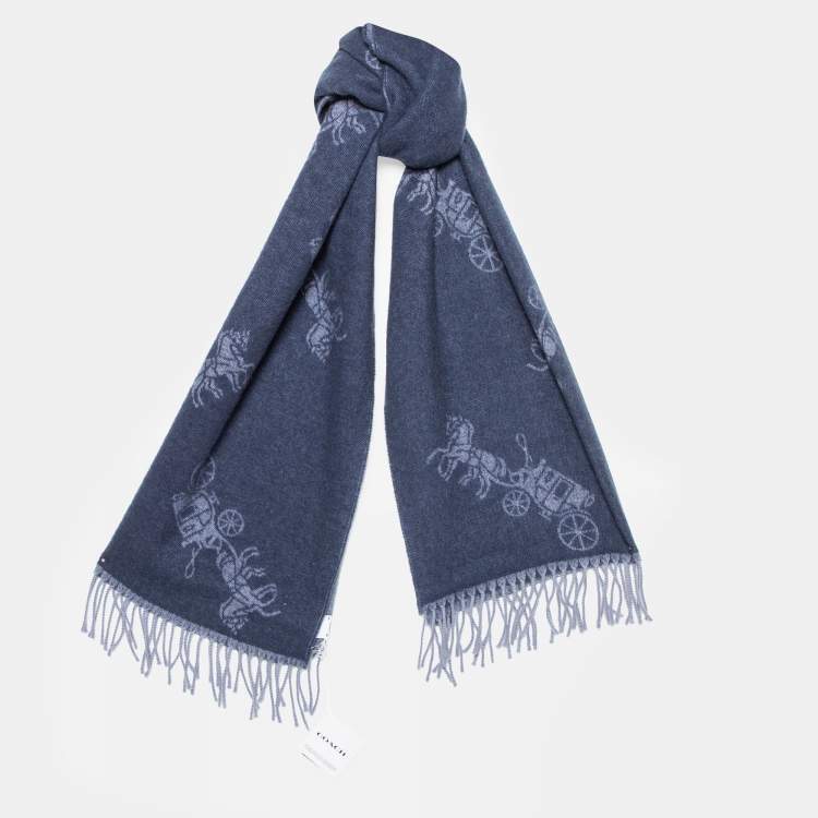 Pre Owned Coach Navy Blue Horse & Carriage Jacquard Reversible Muffler