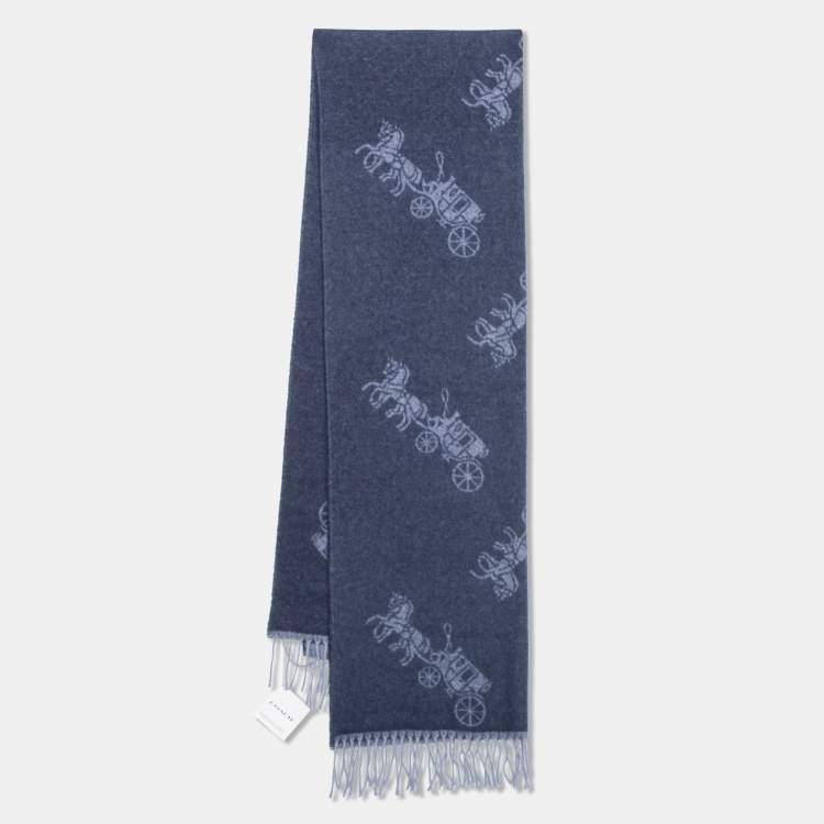 Pre Owned Coach Navy Blue Horse & Carriage Jacquard Reversible Muffler