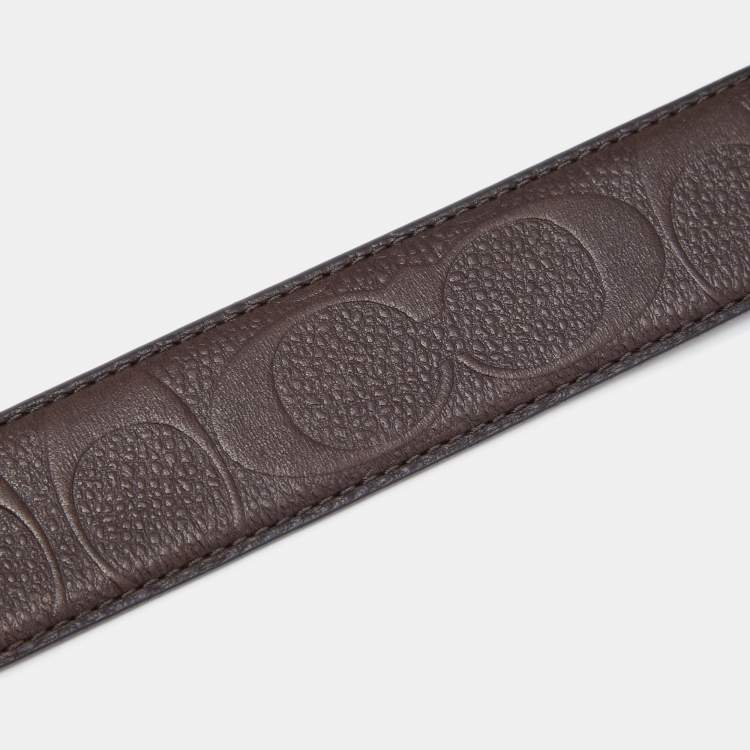 Pre Owned Coach Dark Brown Signature Leather Logo Plague Cut to Size Reversible Belt