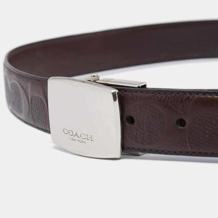 Pre Owned Coach Dark Brown Signature Leather Logo Plague Cut to Size Reversible Belt