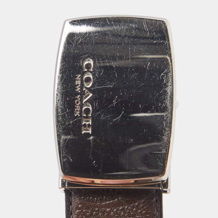 Pre Owned Coach Dark Brown Signature Leather Logo Plague Cut to Size Reversible Belt