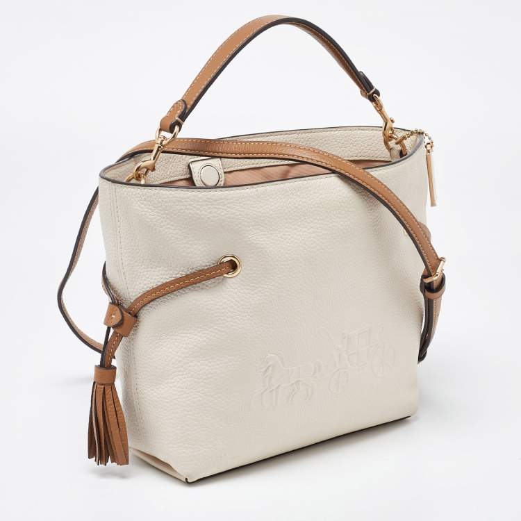 Pre Owned Coach Beige/Brown Leather Andy Drawstring Crossbody Bag