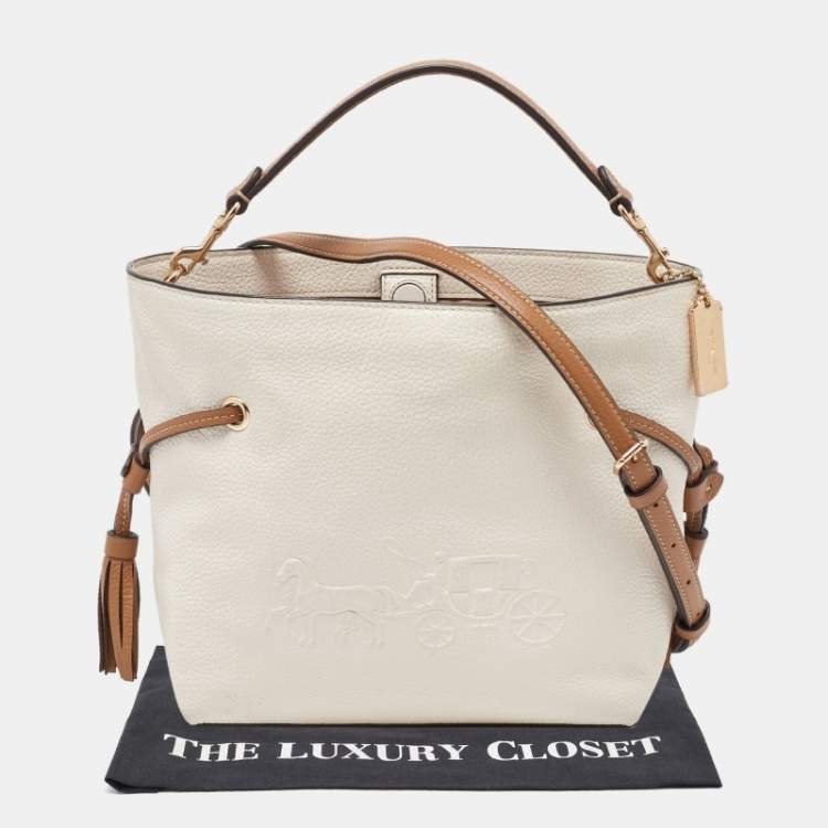 Pre Owned Coach Beige/Brown Leather Andy Drawstring Crossbody Bag