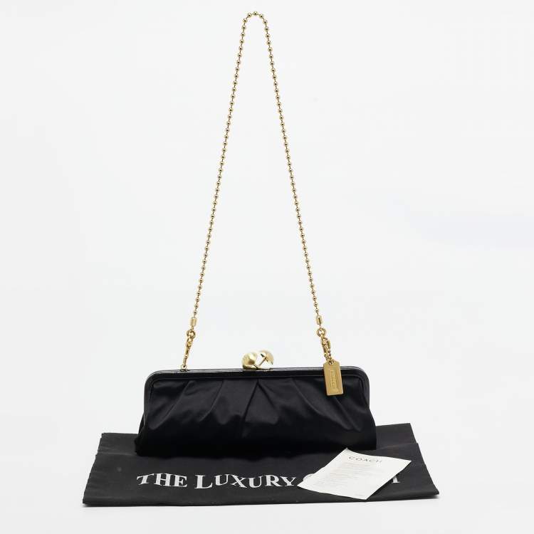 Pre Owned Coach Black Satin and Patent Leather Kiss Lock Chain Clutch