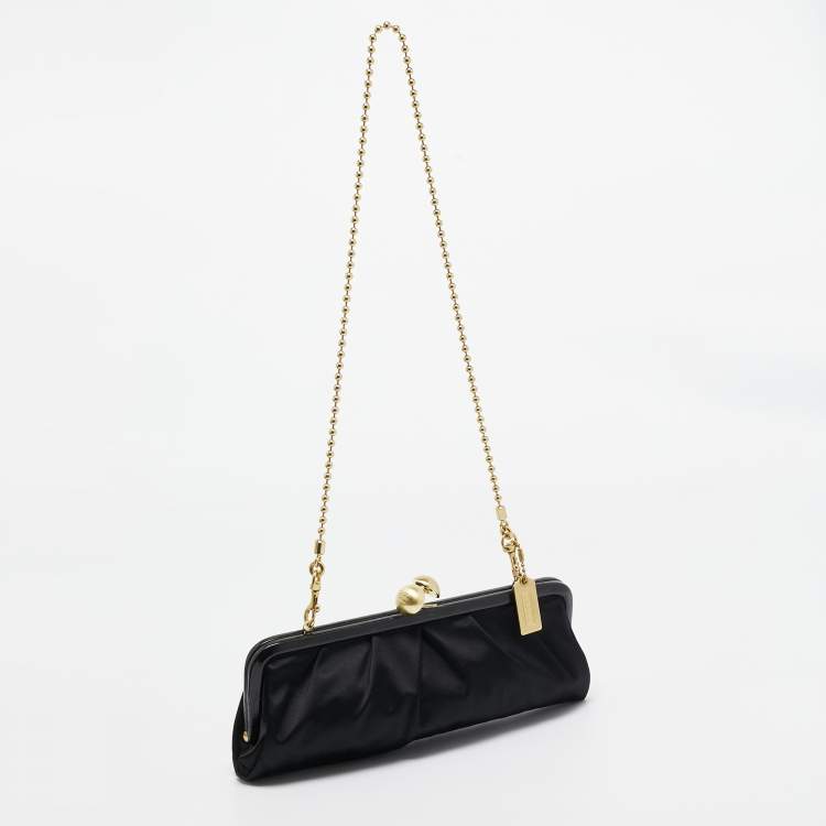 Pre Owned Coach Black Satin and Patent Leather Kiss Lock Chain Clutch