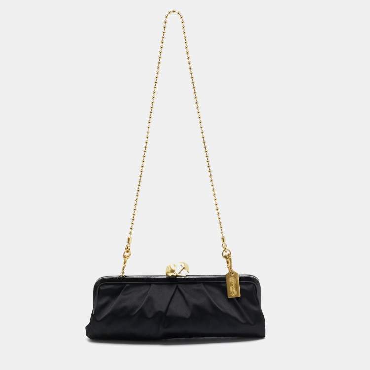 Pre Owned Coach Black Satin and Patent Leather Kiss Lock Chain Clutch