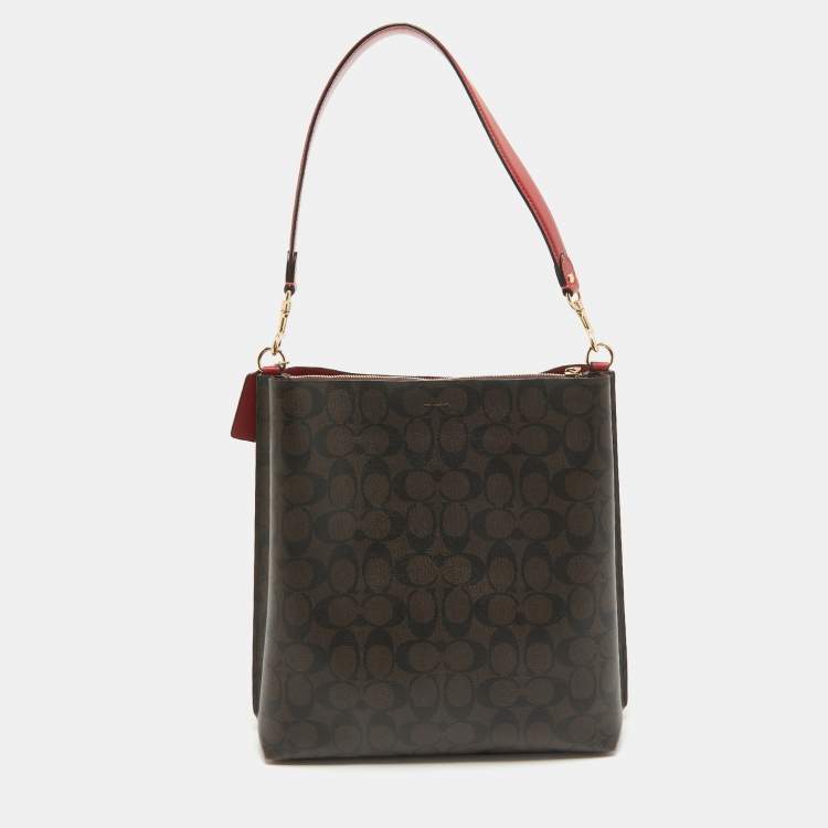 Pre Owned Coach Brown/Red Signature Coated Canvas and Leather Mollie Bucket Bag