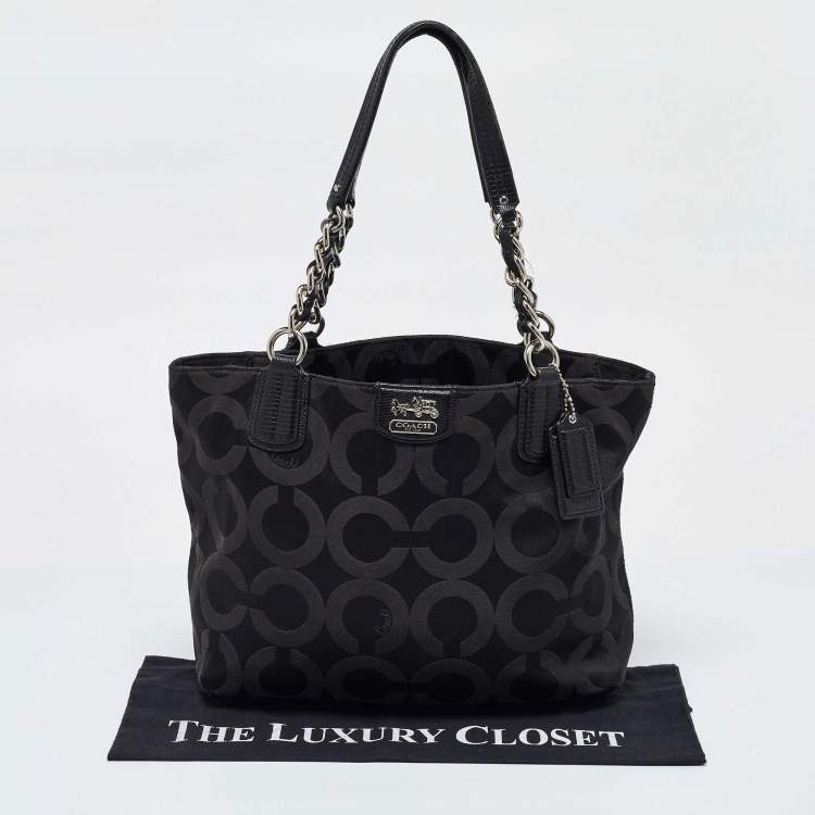 Pre Owned Coach Black Signature Canvas and Lizard Embossed Leather Mia Tote
