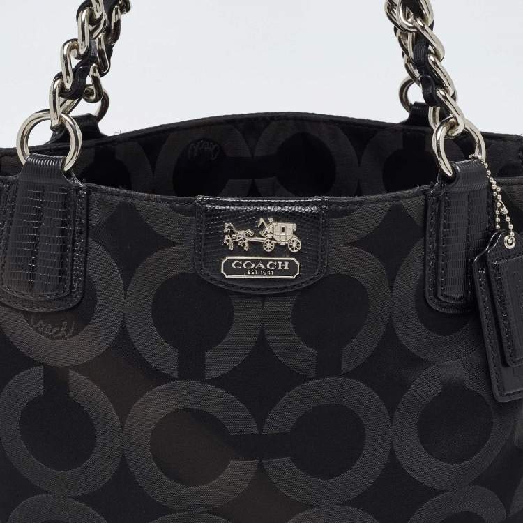 Pre Owned Coach Black Signature Canvas and Lizard Embossed Leather Mia Tote