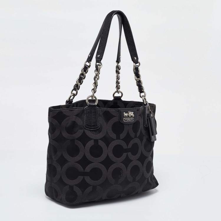 Pre Owned Coach Black Signature Canvas and Lizard Embossed Leather Mia Tote