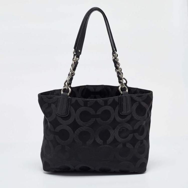 Pre Owned Coach Black Signature Canvas and Lizard Embossed Leather Mia Tote