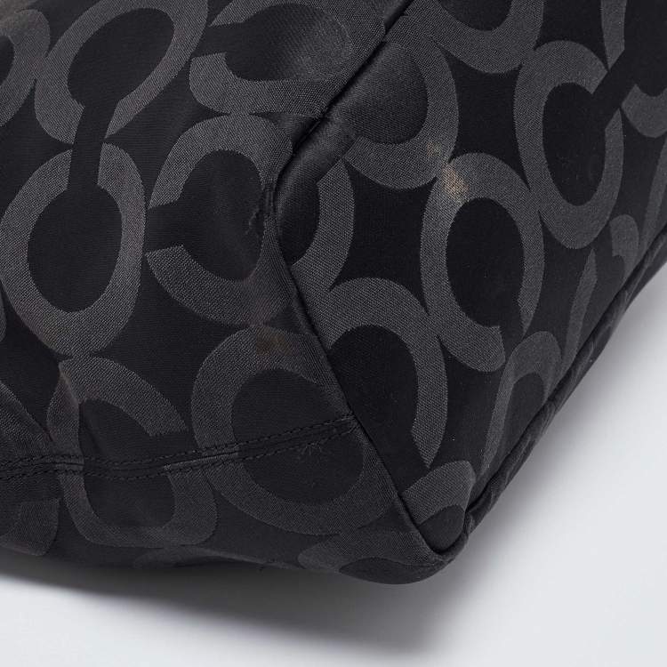 Pre Owned Coach Black Signature Canvas and Lizard Embossed Leather Mia Tote