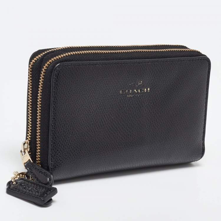 Pre Owned Coach Black Leather Double Zip Around Wallet