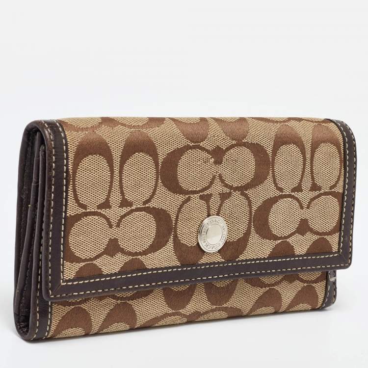 Pre Owned Coach Beige/Brown Signature Canvas and Leather Continental Wallet