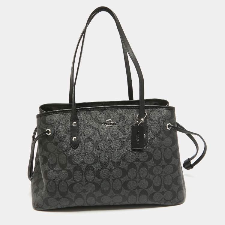 Pre Owned Coach Black/Grey Signature Coated Canvas Drawstring Carryall Bag