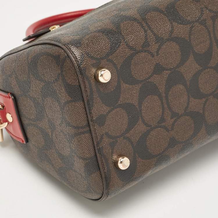 Pre Owned Coach Red/Brown Signature Coated Canvas Rowan Boston Bag