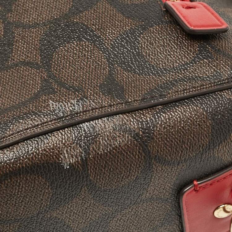 Pre Owned Coach Red/Brown Signature Coated Canvas Rowan Boston Bag