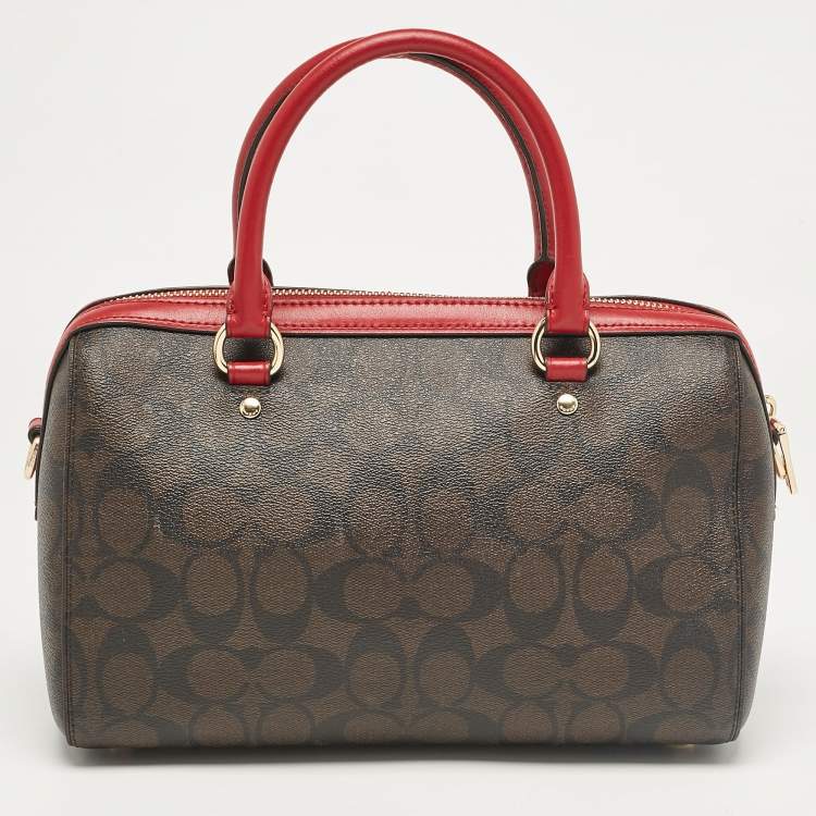 Pre Owned Coach Red/Brown Signature Coated Canvas Rowan Boston Bag