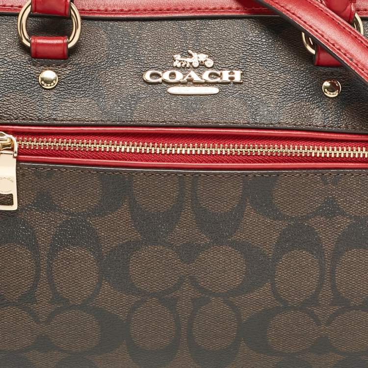 Pre Owned Coach Red/Brown Signature Coated Canvas Rowan Boston Bag