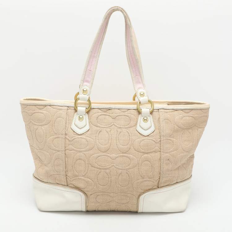 Pre Owned Coach Multicolor Signature Straw and Leather Poppy Tote