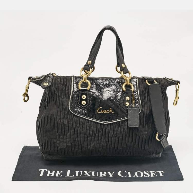 Pre Owned Coach Black Satin and Patent Leather Ashley Tote