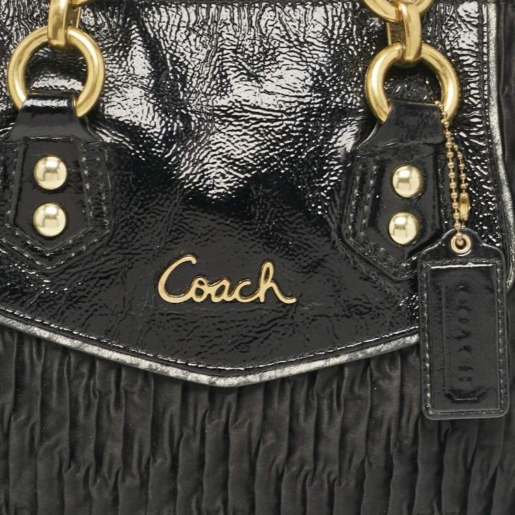 Pre Owned Coach Black Satin and Patent Leather Ashley Tote