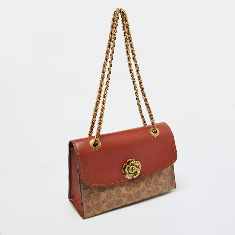 Pre Owned Coach Brown/Beige Signature Coated Canvas and Leather Parker Shoulder Bag