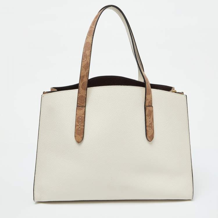 مملوكة مسبقًا Coach White/Brown Leather and Signature Coated Canvas Charlie Carryall Tote