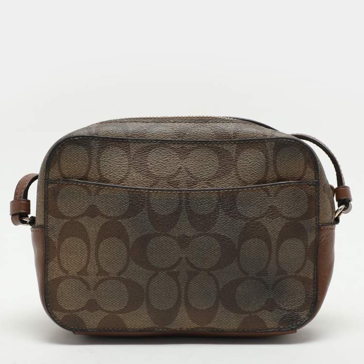 Pre Owned Coach Brown Signature Coated Canvas and Leather Crossbody Bag