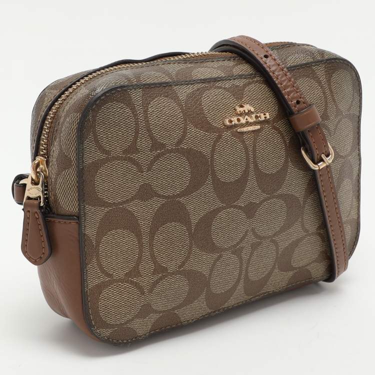Pre Owned Coach Brown Signature Coated Canvas and Leather Crossbody Bag
