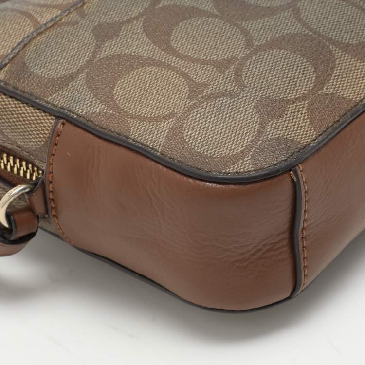 Pre Owned Coach Brown Signature Coated Canvas and Leather Crossbody Bag