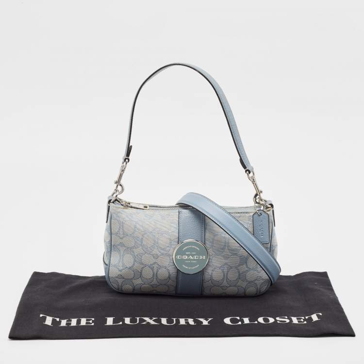 Pre Owned Coach Light Blue Signature Jacquard Canvas Lonnie Baguette Bag