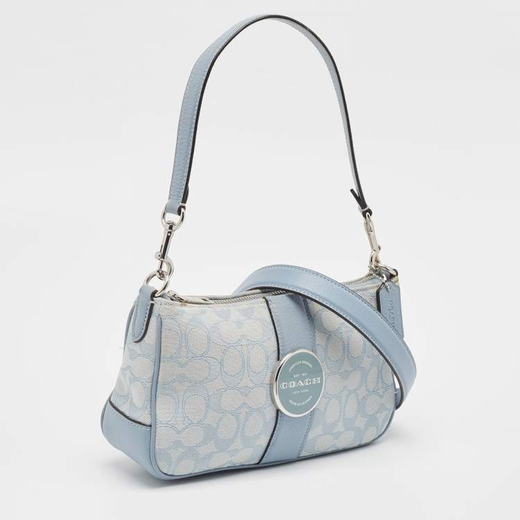 Pre Owned Coach Light Blue Signature Jacquard Canvas Lonnie Baguette Bag