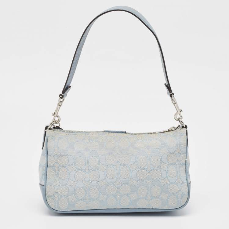 Pre Owned Coach Light Blue Signature Jacquard Canvas Lonnie Baguette Bag