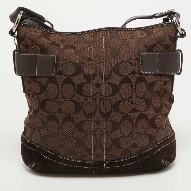 Pre Owned Coach Dark Brown Signature Canvas and Suede Crossbody Bag