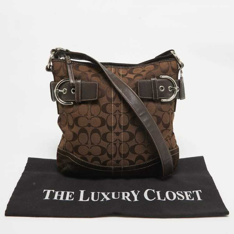 Pre Owned Coach Dark Brown Signature Canvas and Suede Crossbody Bag