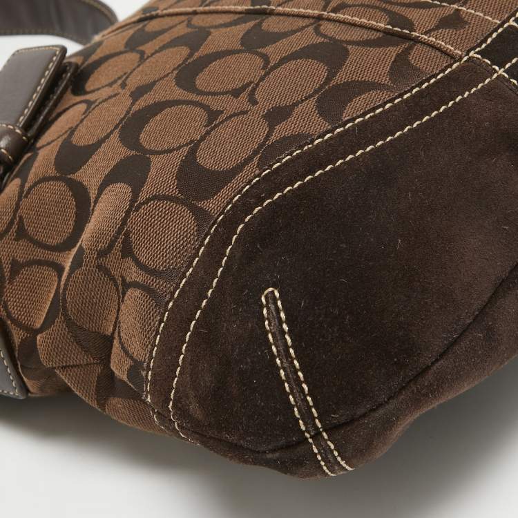 Pre Owned Coach Dark Brown Signature Canvas and Suede Crossbody Bag