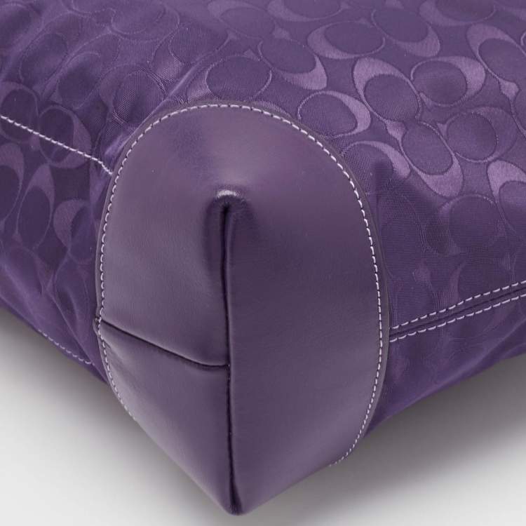 Pre Owned Coach Purple Signature Nylon and Leather Zip Top Tote
