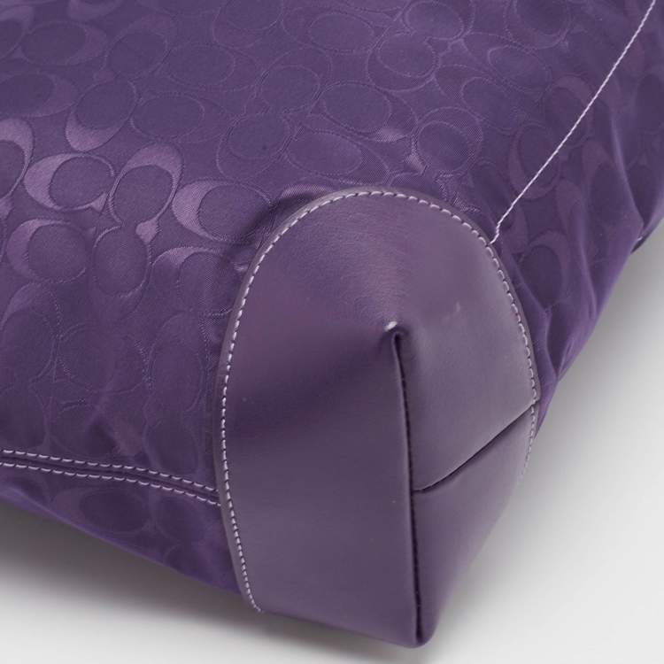 Pre Owned Coach Purple Signature Nylon and Leather Zip Top Tote