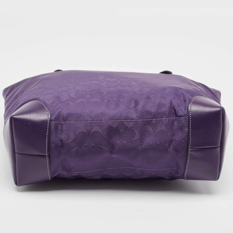 Pre Owned Coach Purple Signature Nylon and Leather Zip Top Tote