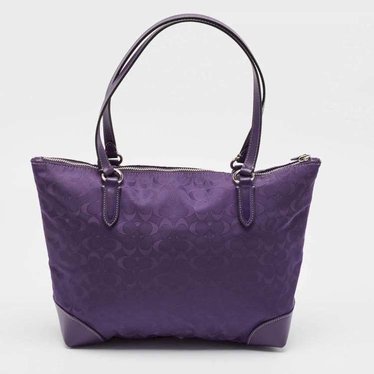Pre Owned Coach Purple Signature Nylon and Leather Zip Top Tote