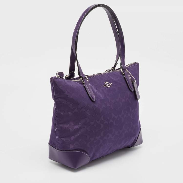 Pre Owned Coach Purple Signature Nylon and Leather Zip Top Tote
