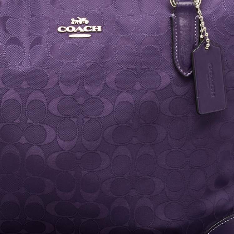 Pre Owned Coach Purple Signature Nylon and Leather Zip Top Tote