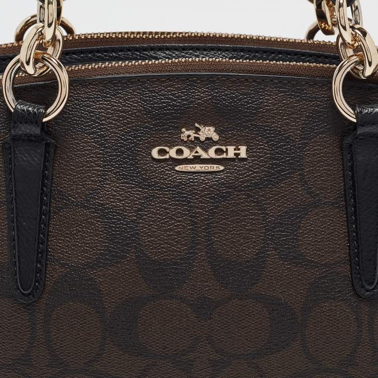 Pre Owned Coach Black/Brown Signature Coated Canvas and Leather Mini Christie Carryall Satchel