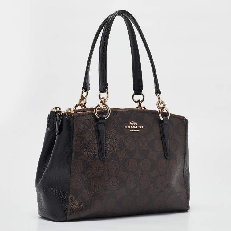 Pre Owned Coach Black/Brown Signature Coated Canvas and Leather Mini Christie Carryall Satchel